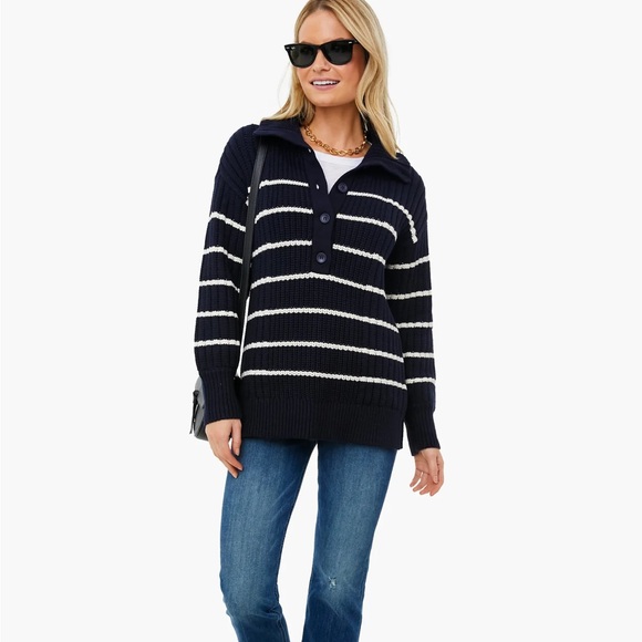 Apiece Apart Paloma Mock Striped Cotton & Cashmere Cozy Sweater - Navy & Cream - Picture 2 of 7